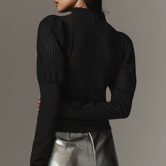 Anthropologie Maeve Black Mutton-Sleeve Mock-Neck Slim Top - Picture 2 of 5